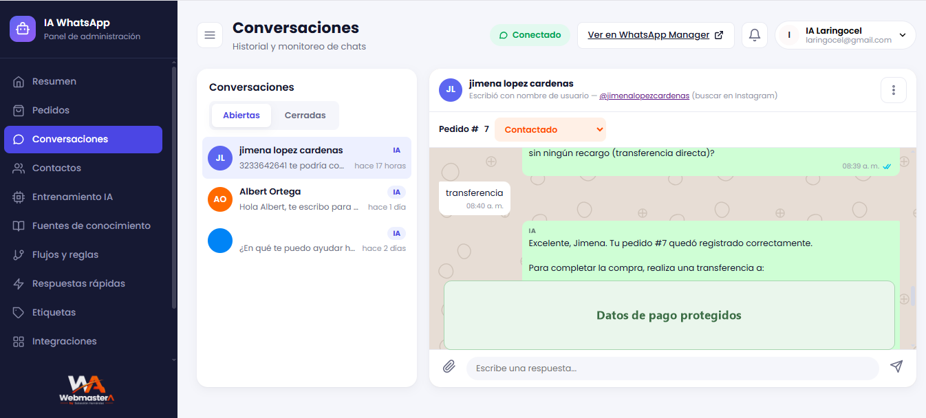 Conversación de WhatsApp donde la IA atiende y registra un pedido